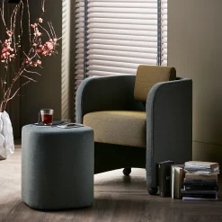 Kalusteryhmä COMFY Nojatuoli ja jakkara, pyörät, villakangas, turkoosi oranssi/kulta