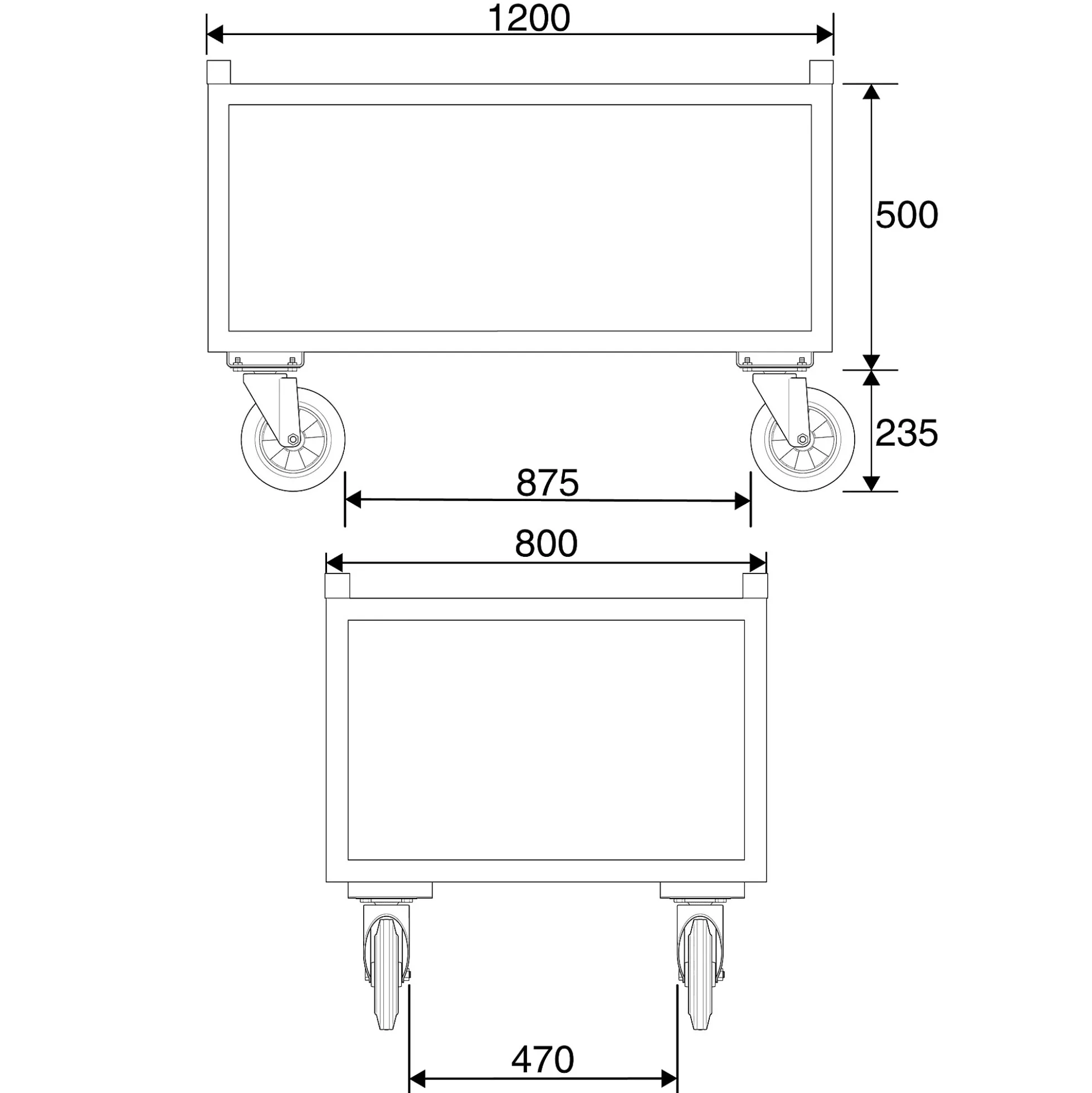 Kuormalavavaunu FRAME 500 kg, Ø 200 mm umpikumipyörät, 1200x800x795 mm