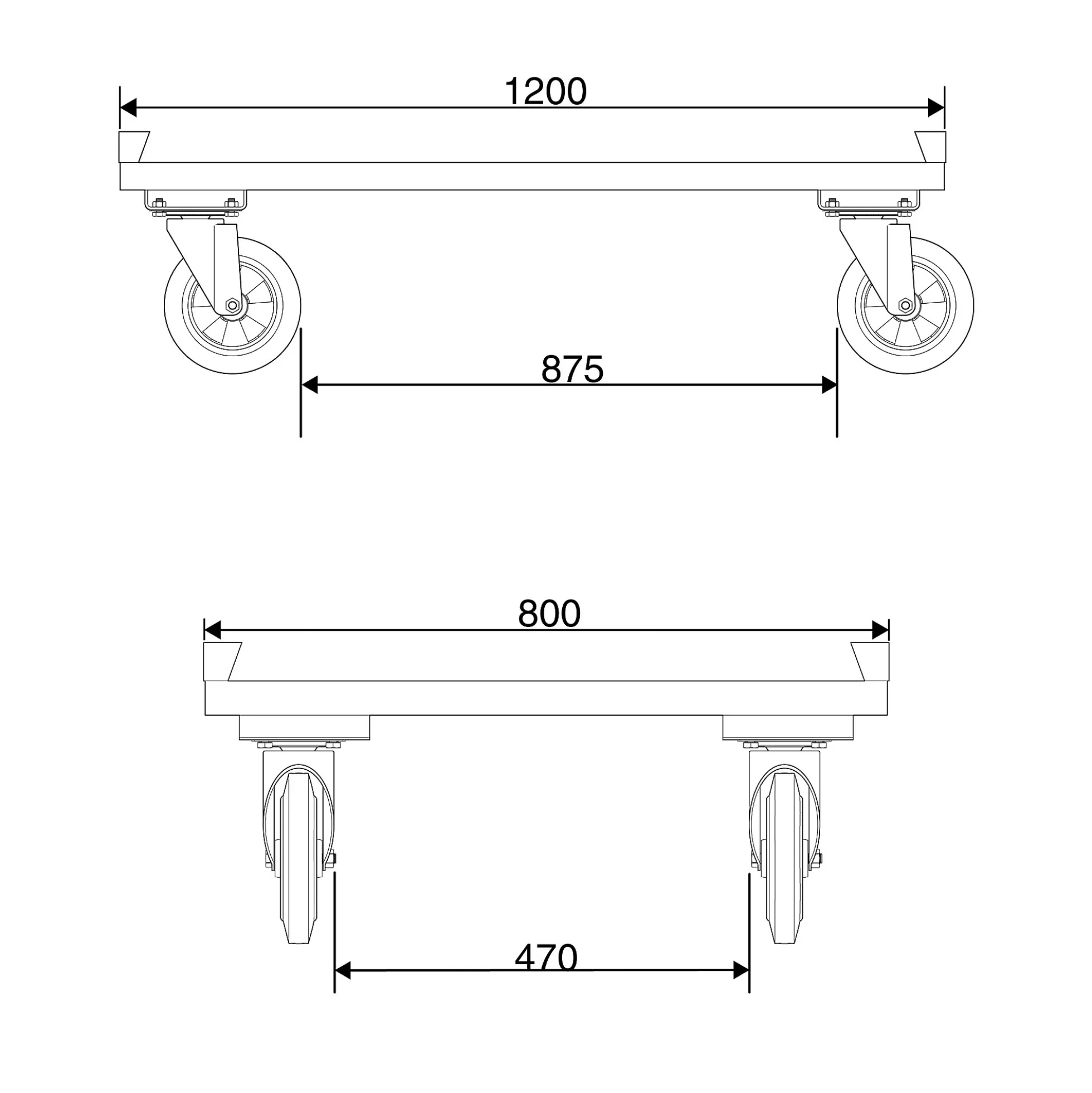 Kuormalavavaunu FRAME Matala malli, 500 kg, Ø 160 mm PU renkaat, ilman jarrua, 1200x800x625 mm