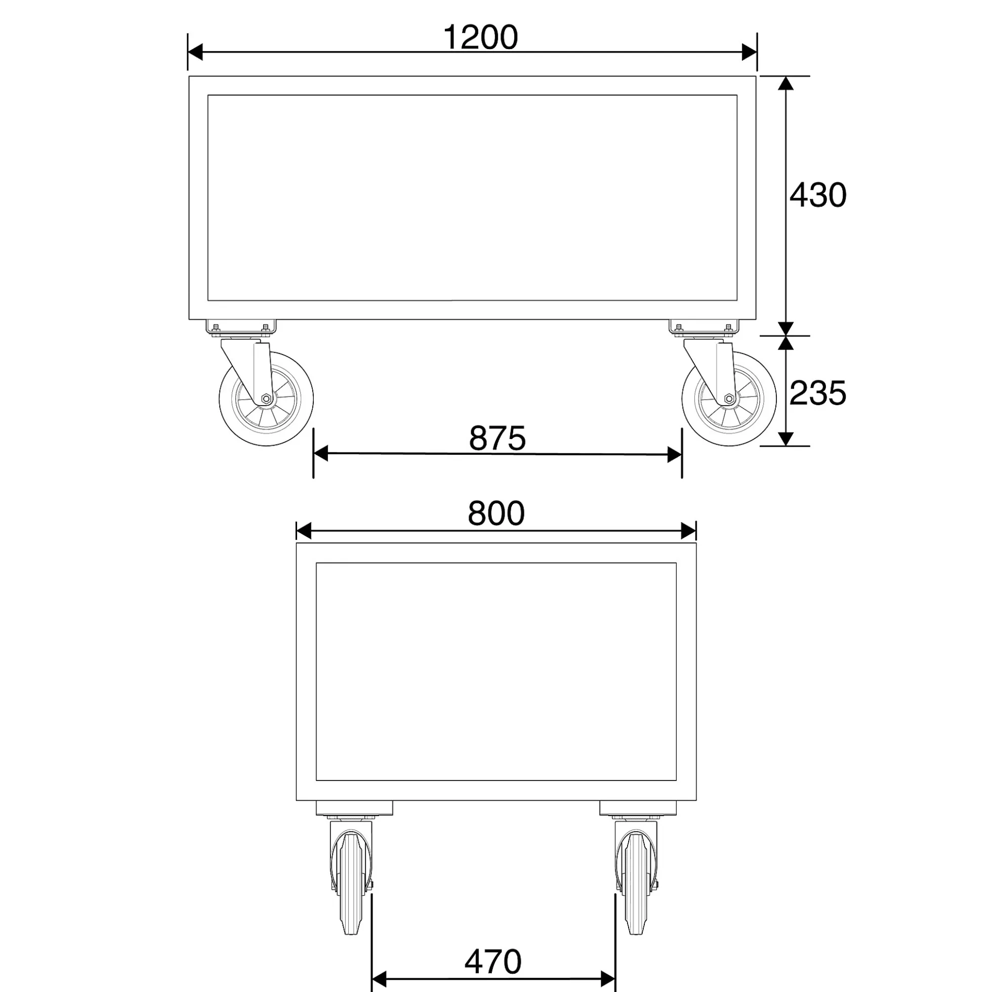 Kuormalavavaunu OUTLINE 500 kg, Ø 160 mm PU renkaat, ilman jarrua, 1200x800x625 mm