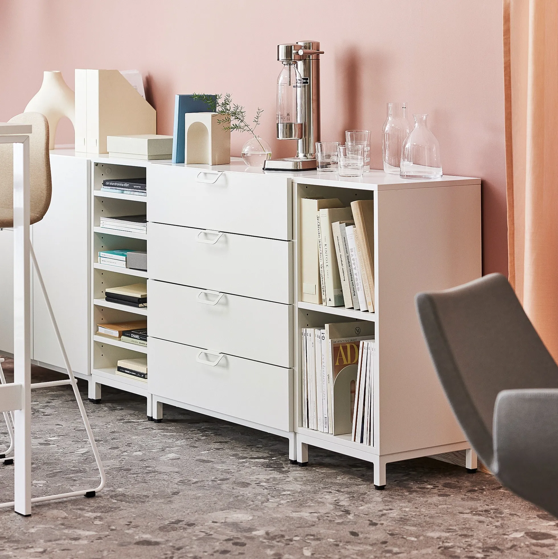 Laatikosto QBUS Jalusta, kahvat, 868x800x400 mm, valkoinen