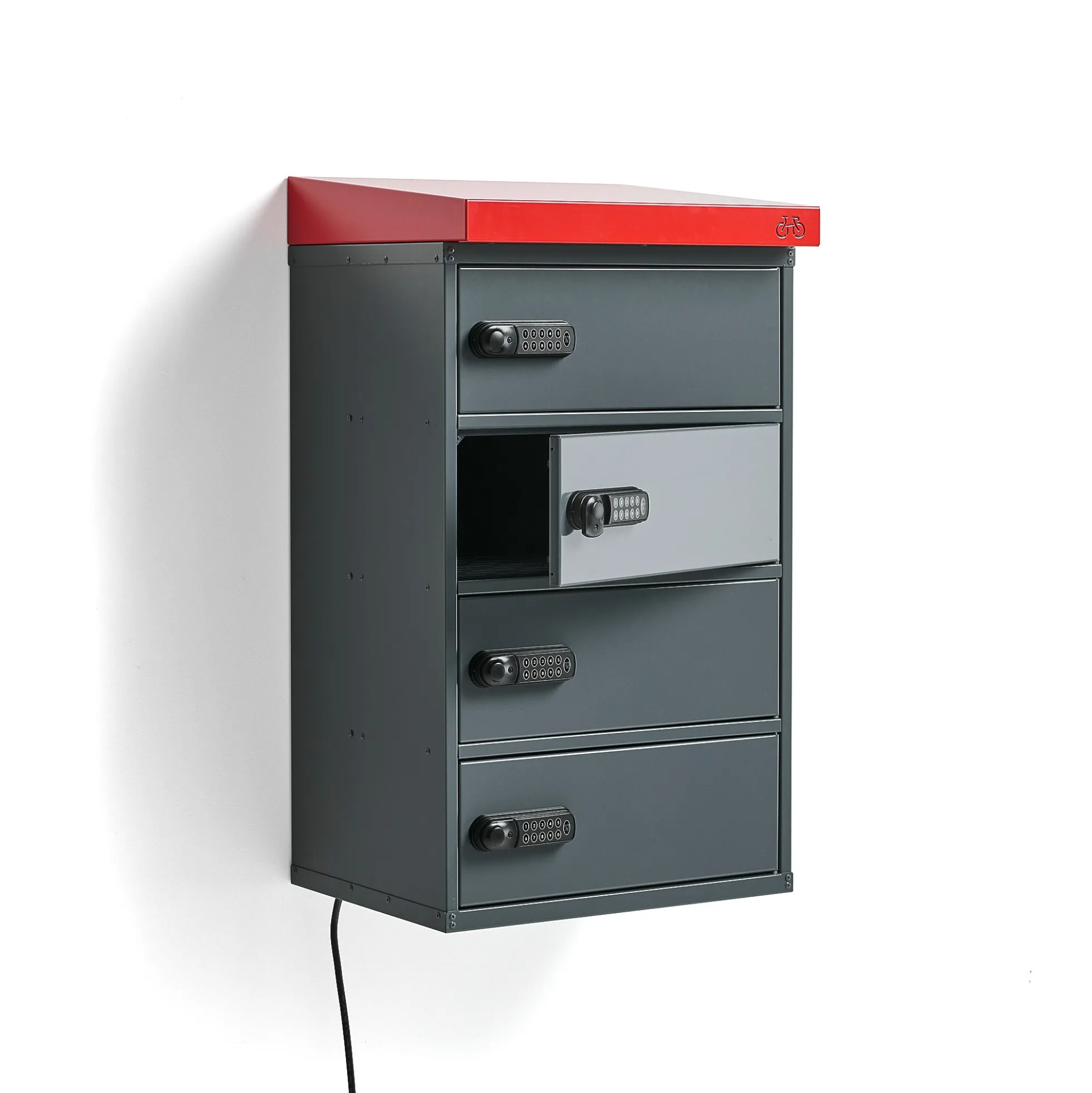 Latauskaappi sähköpyörän akuille VOLT 4 lokeroa, seinämalli, 913x514x455 mm, tummanharmaa
