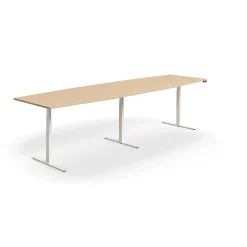 Neuvottelupöytä QBUS Korkeussäädettävä, veneen muotoinen, 4000x1200 mm, valkoinen jalusta, tammi