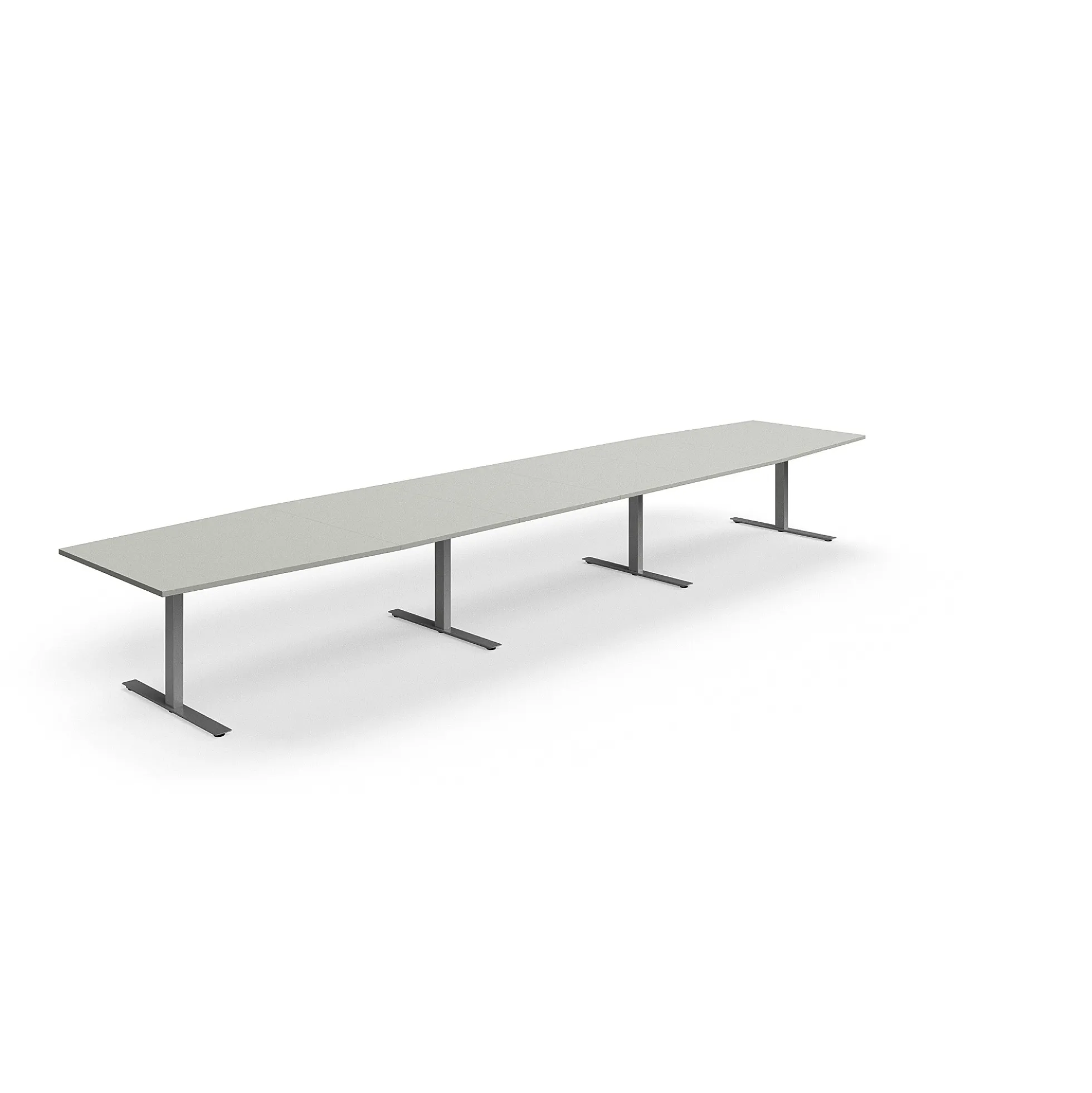 Neuvottelupöytä QBUS Veneen muotoinen, 5600x1200 mm, T-jalusta, hopeanharmaa jalusta, vaaleanharmaa