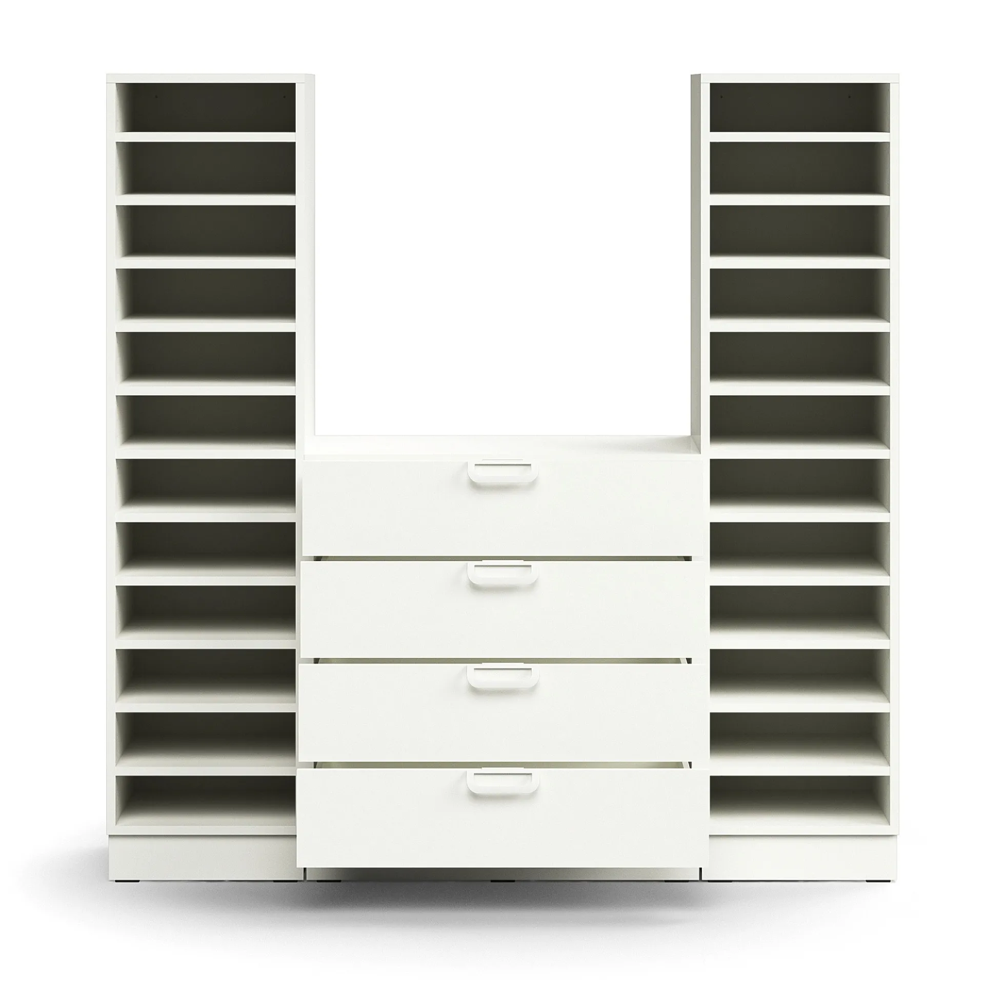 Postinlajitteluhylly QBUS 22 hyllytasoa + 4 vetolaatikkoa, sokkeli, 1636x1600x420 mm, valkoinen