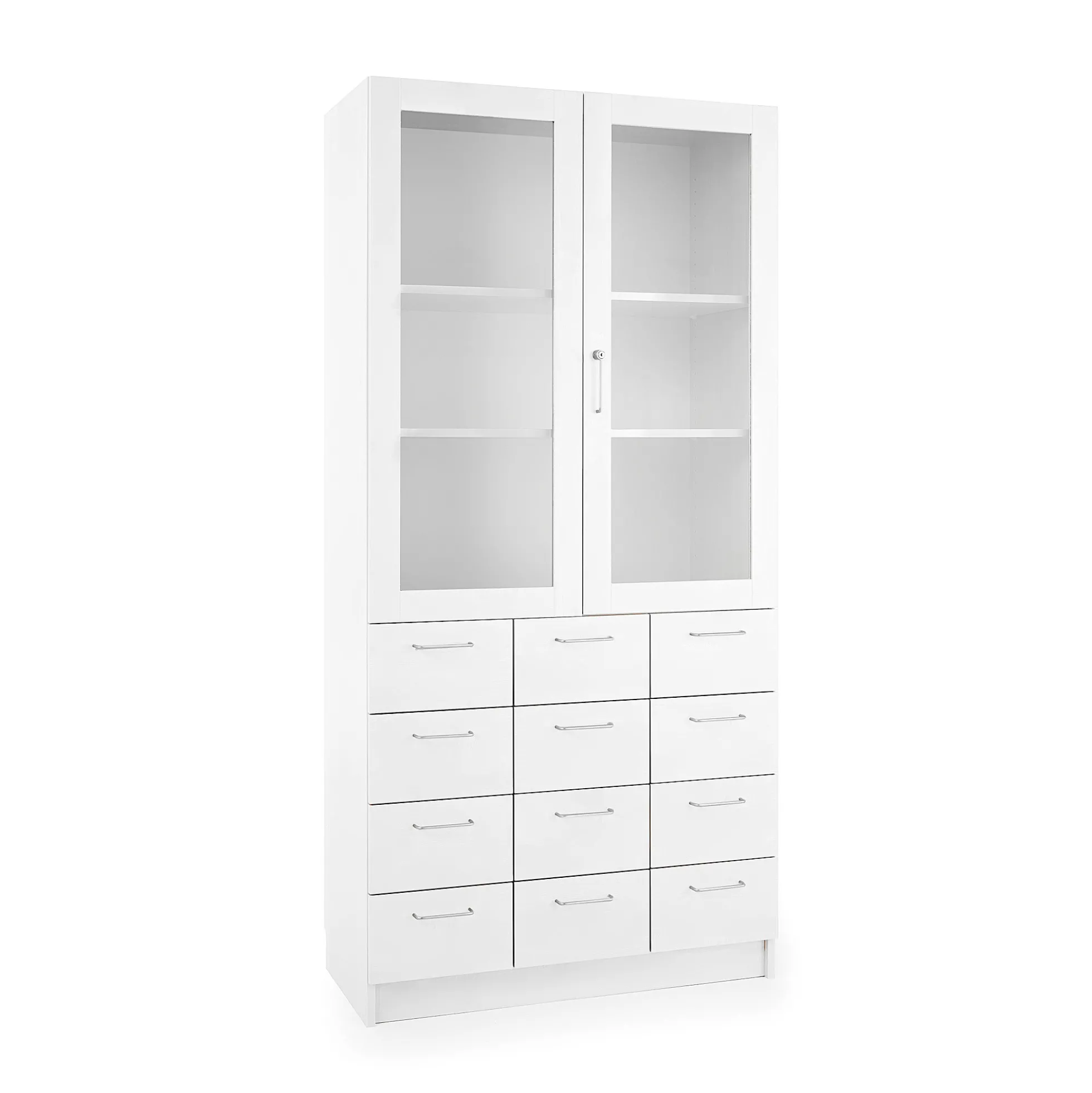 Säilytyskaappi THEO Laatikot ja lasiovet, 1000x470x2100 mm, valkoinen
