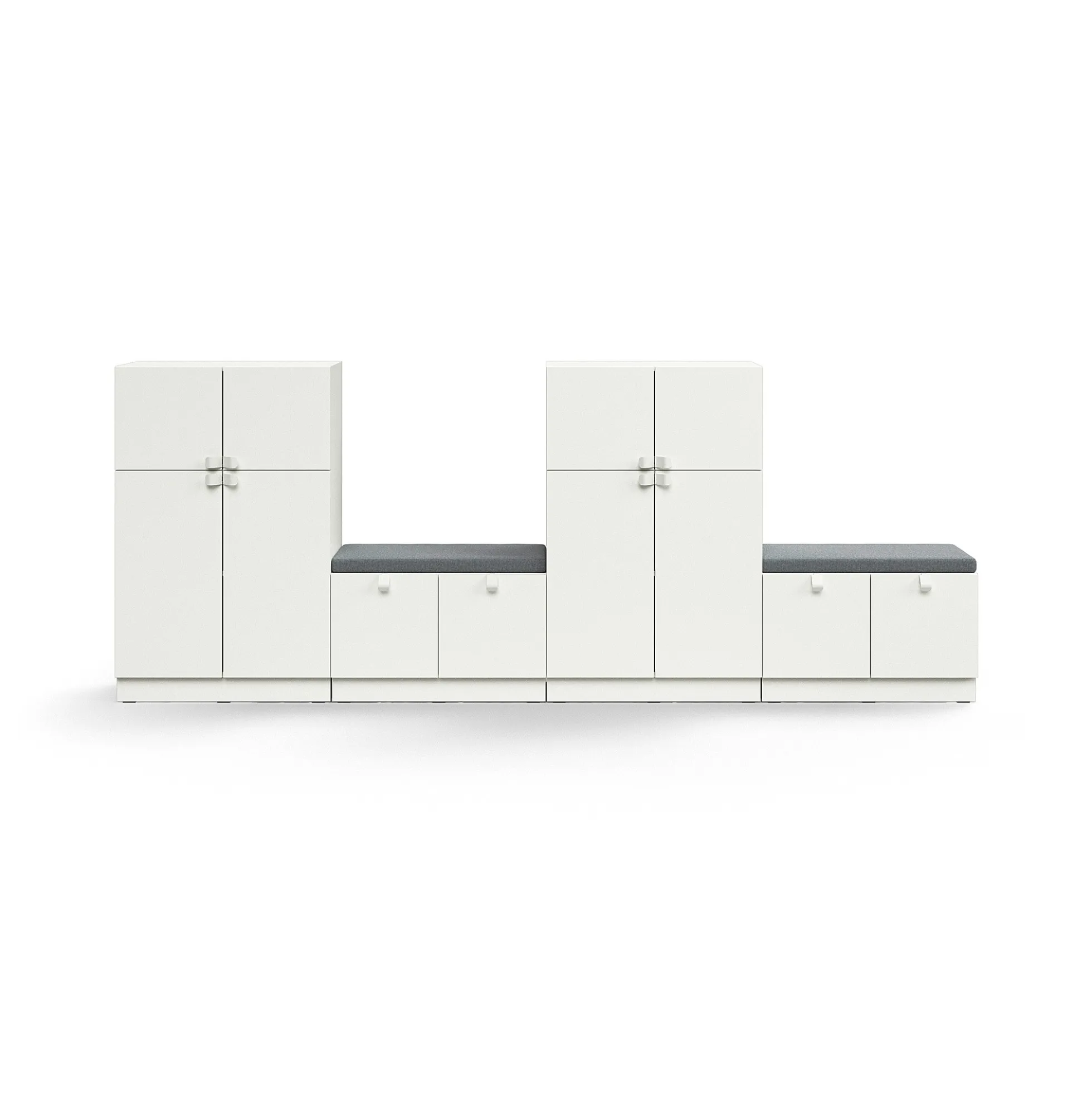 Säilytysratkaisu QBUS 2 kaappia + 2 säilytyspenkkiä, sokkeli, kahvat, 1252x3200x420 mm, valkoinen, harmaa istuintyyny