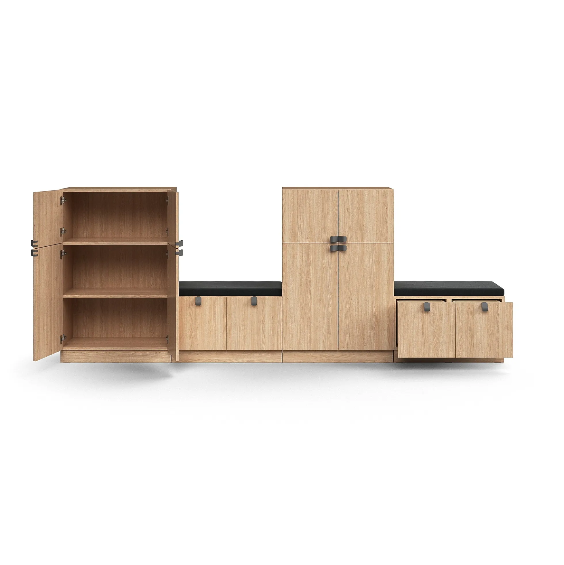 Säilytysratkaisu QBUS 2 kaappia + 2 säilytyspenkkiä, sokkeli, kahvat, 1252x3200x420 mm, tammi, tummanharmaa istuintyyny