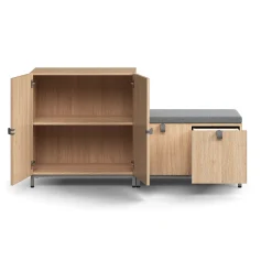 Säilytysratkaisu QBUS Kaappi + säilytyspenkki, jalusta, kahvat, 868x1600x420 mm, tammi, harmaa istuintyyny