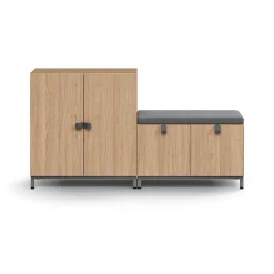 Säilytysratkaisu QBUS Kaappi + säilytyspenkki, jalusta, kahvat, 868x1600x420 mm, tammi, harmaa istuintyyny