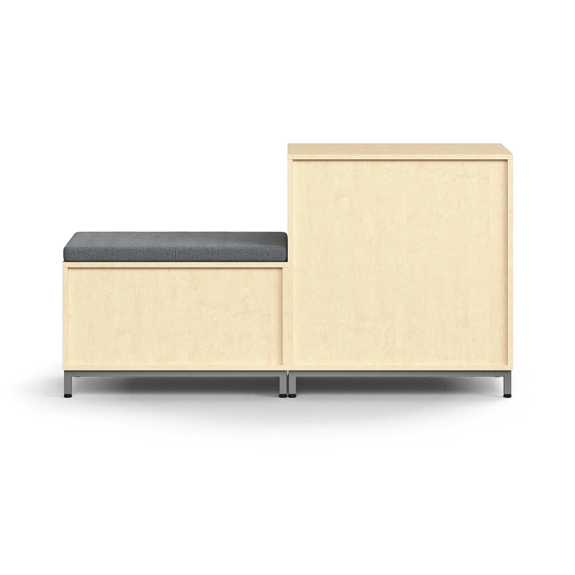 Säilytysratkaisu QBUS Kaappi + säilytyspenkki, jalusta, kahvat, 868x1600x420 mm, koivu, harmaa istuintyyny
