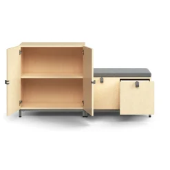 Säilytysratkaisu QBUS Kaappi + säilytyspenkki, jalusta, kahvat, 868x1600x420 mm, koivu, harmaa istuintyyny