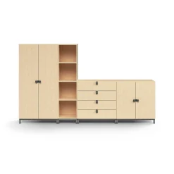 Säilytysratkaisu QBUS Korkea kaappi + 4 lokeroa + 4 vetolaatikkoa + matala kaappi, jalusta, kahvat, 1636x2800x420 mm, hopeanharmaa, koivu