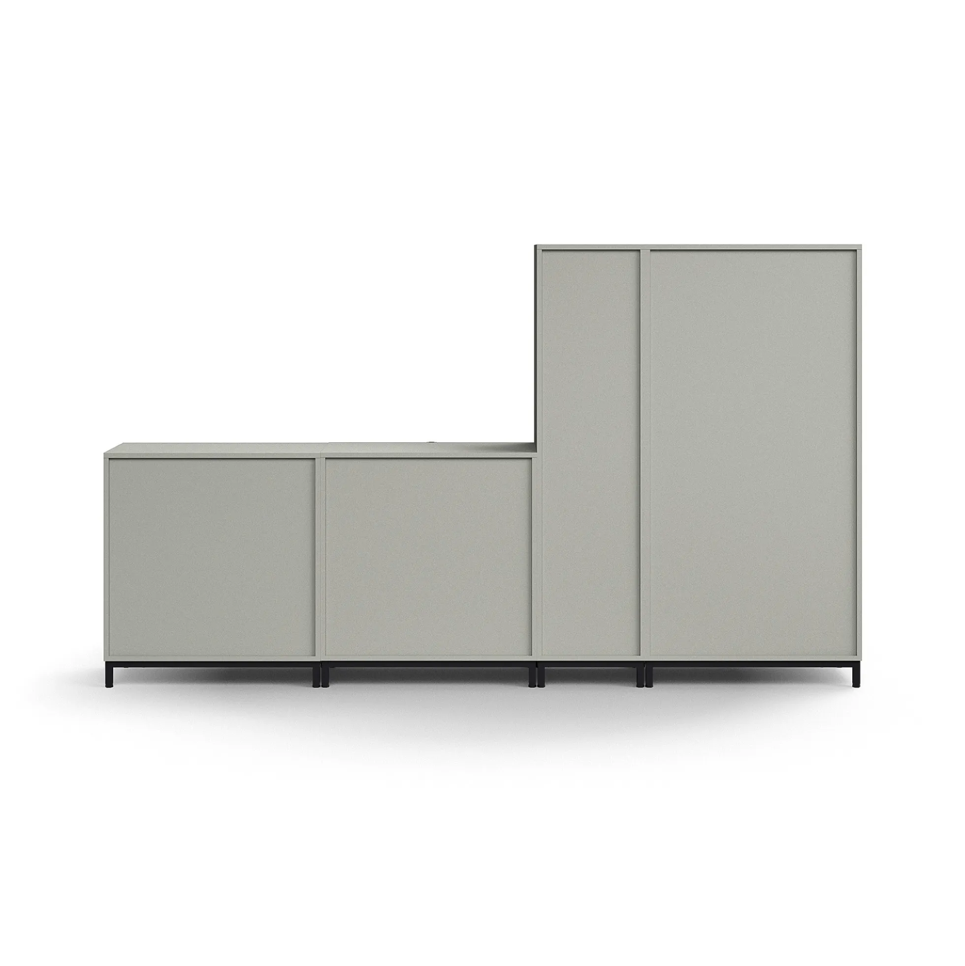 Säilytysratkaisu QBUS Korkea kaappi + 4 lokeroa + 4 vetolaatikkoa + matala kaappi, jalusta, kahvat, 1636x2800x420 mm, musta, vaaleanharmaa