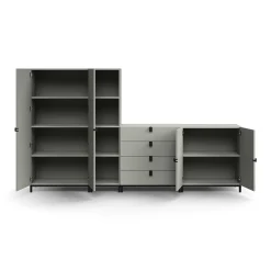 Säilytysratkaisu QBUS Korkea kaappi + 4 lokeroa + 4 vetolaatikkoa + matala kaappi, jalusta, kahvat, 1636x2800x420 mm, musta, vaaleanharmaa
