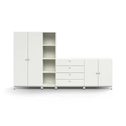 Säilytysratkaisu QBUS Korkea kaappi + 4 lokeroa + 4 vetolaatikkoa + matala kaappi, jalusta, kahvat, 1636x2800x420 mm, valkoinen