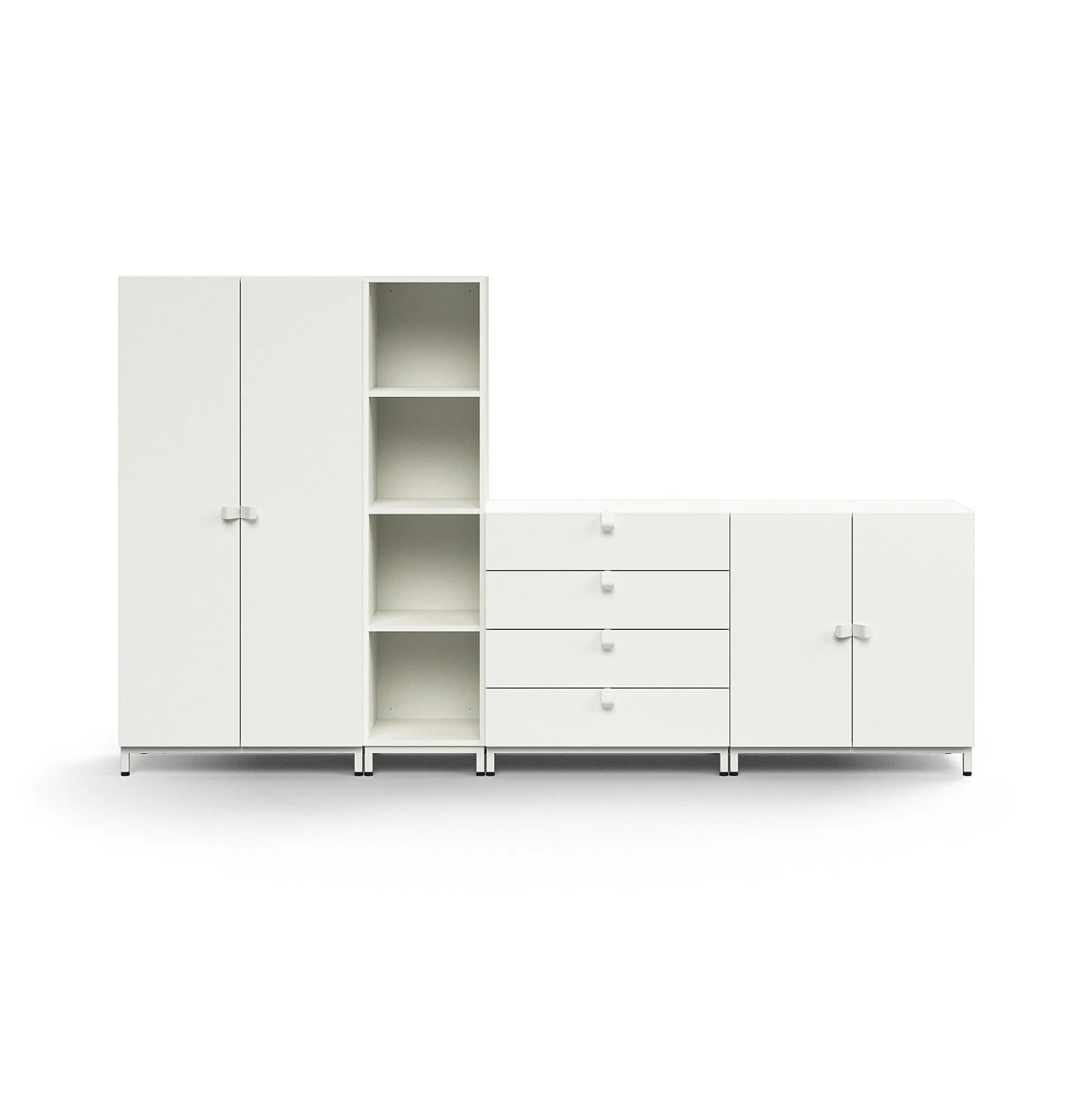 Säilytysratkaisu QBUS Korkea kaappi + 4 lokeroa + 4 vetolaatikkoa + matala kaappi, jalusta, kahvat, 1636x2800x420 mm, valkoinen