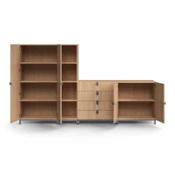Säilytysratkaisu QBUS Korkea kaappi + 4 lokeroa + 4 vetolaatikkoa + matala kaappi, jalusta, kahvat, 1636x2800x420 mm, hopeanharmaa, tammi