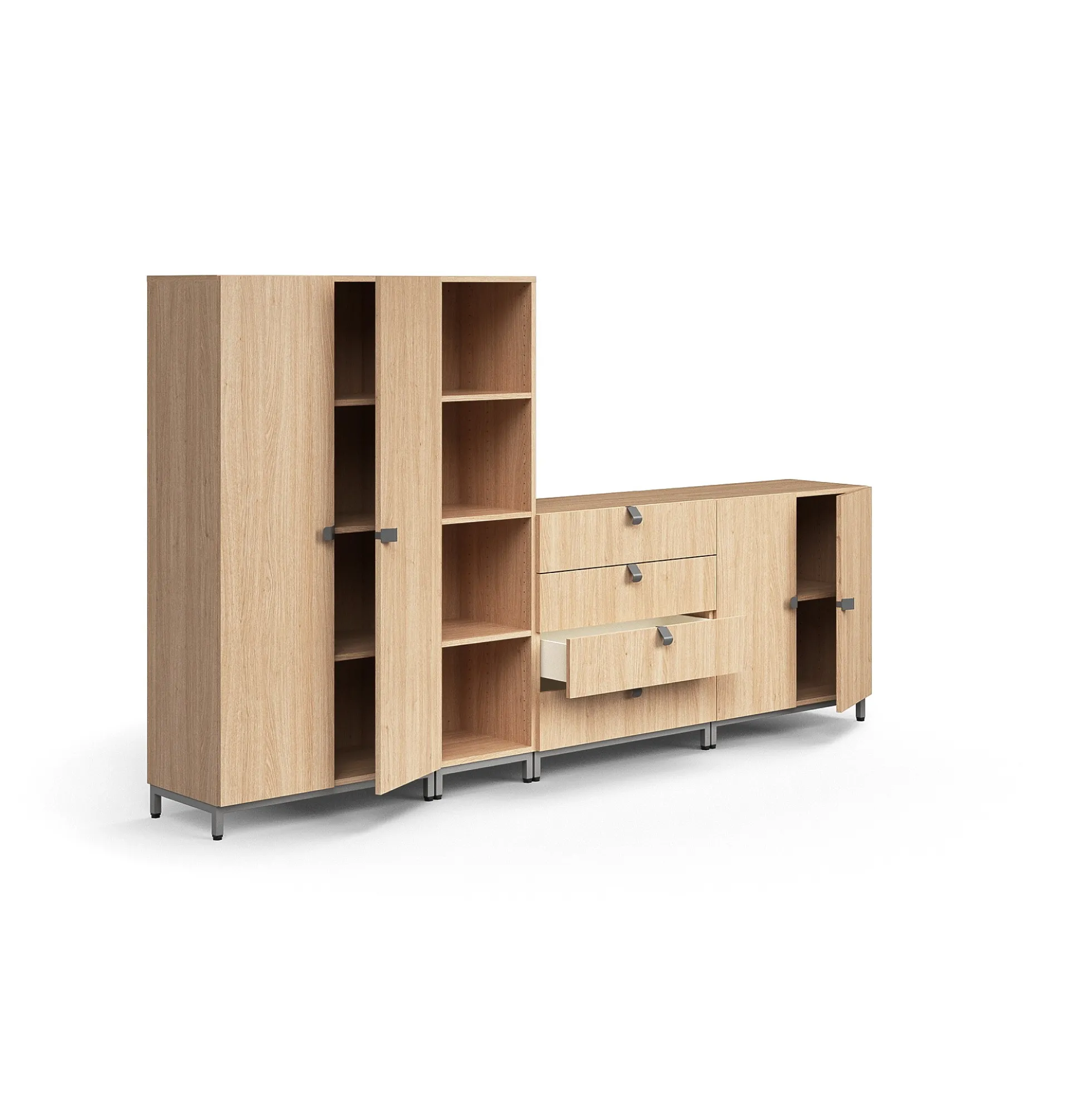 Säilytysratkaisu QBUS Korkea kaappi + 4 lokeroa + 4 vetolaatikkoa + matala kaappi, jalusta, kahvat, 1636x2800x420 mm, hopeanharmaa, tammi
