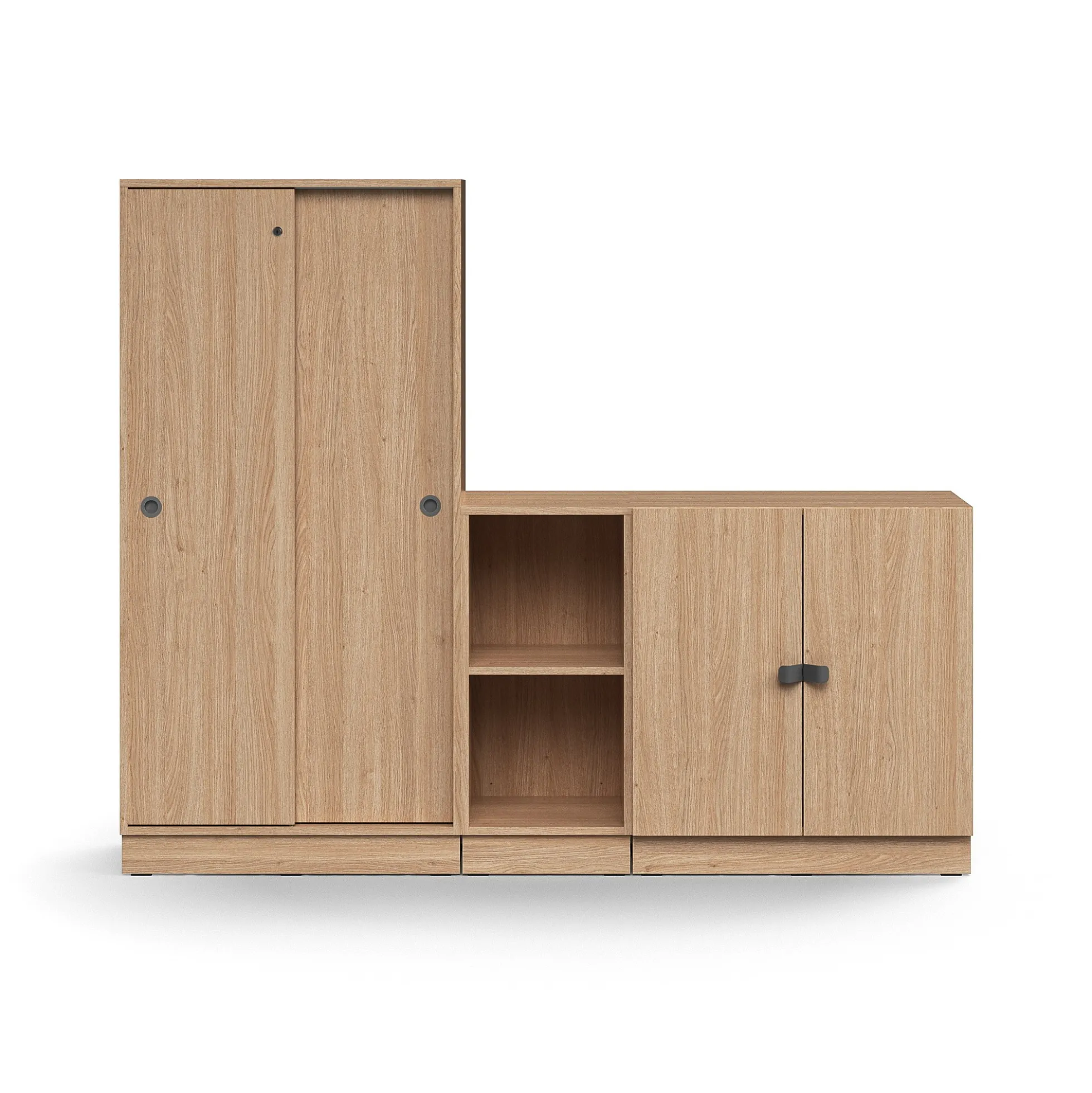 Säilytysratkaisu QBUS Lukollinen kaappi + 2 lokeroa + matala kaappi, sokkeli, kahvat, 1636x2000x420 mm, tammi