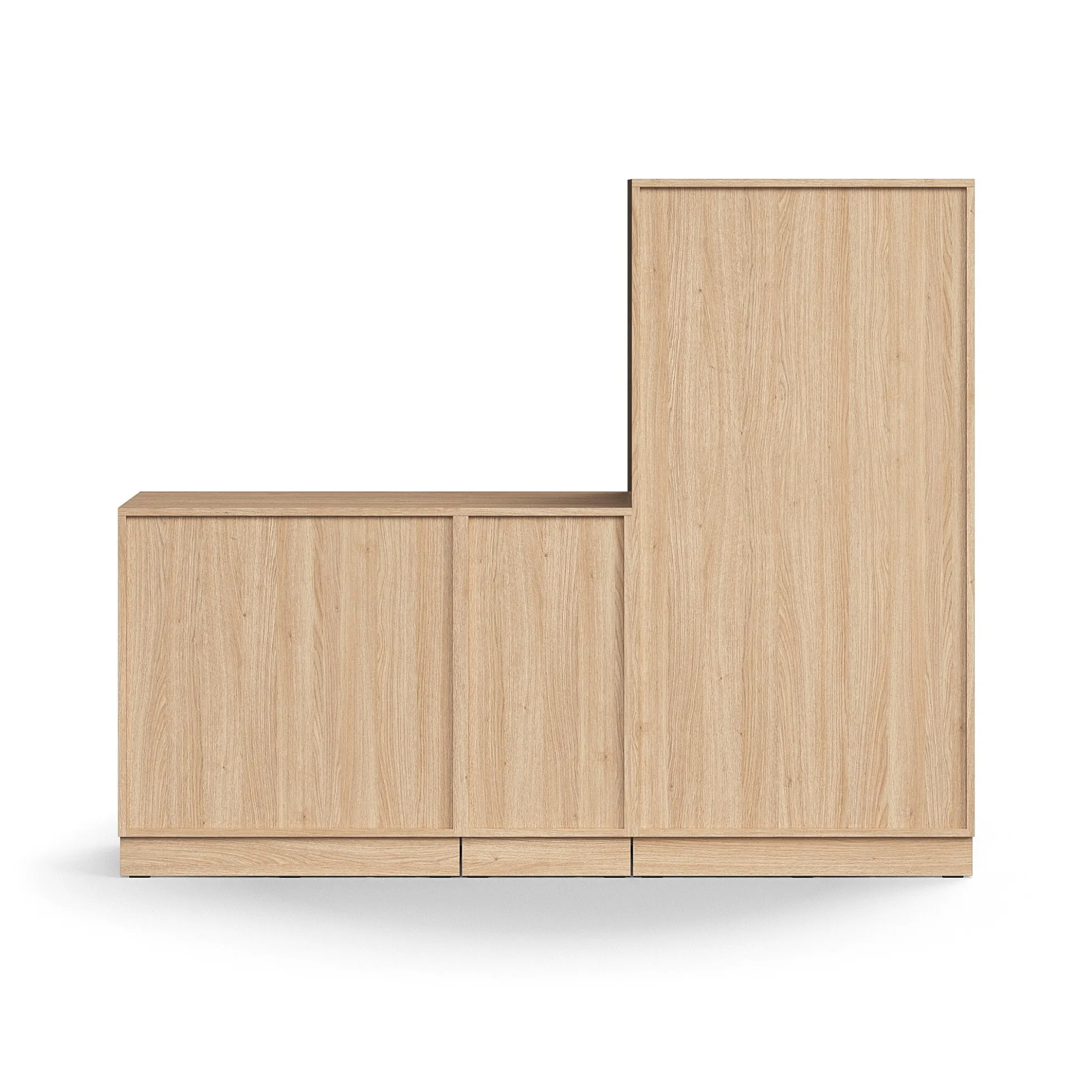 Säilytysratkaisu QBUS Lukollinen kaappi + 2 lokeroa + matala kaappi, sokkeli, kahvat, 1636x2000x420 mm, tammi