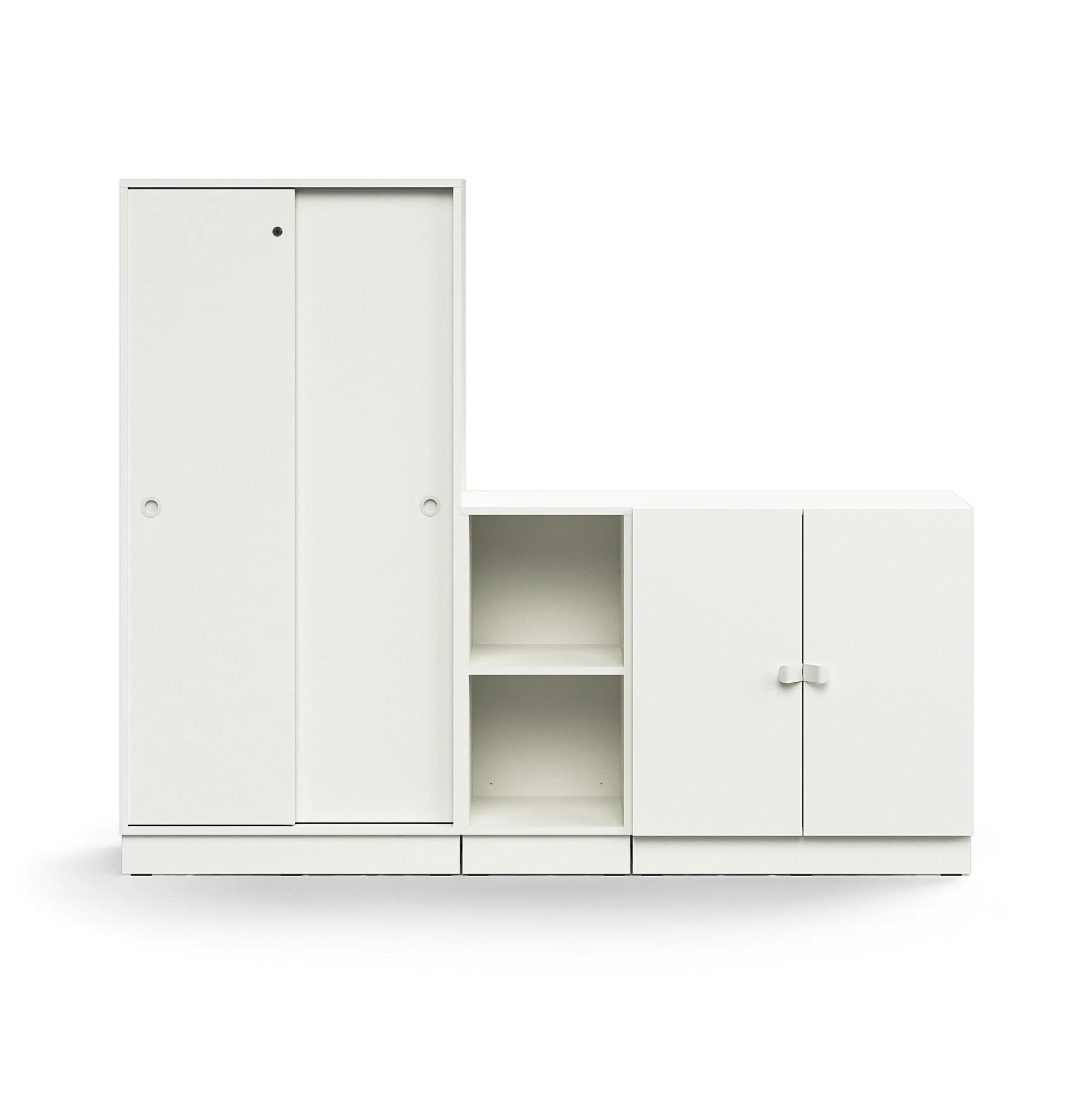Säilytysratkaisu QBUS Lukollinen kaappi + 2 lokeroa + matala kaappi, sokkeli, kahvat, 1636x2000x420 mm, valkoinen