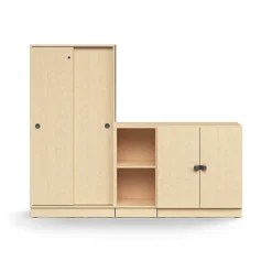 Säilytysratkaisu QBUS Lukollinen kaappi + 2 lokeroa + matala kaappi, sokkeli, kahvat, 1636x2000x420 mm, koivu