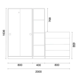 Säilytysratkaisu QBUS Lukollinen kaappi + 4 lokeroa + 4 vetolaatikkoa, sokkeli, kahvat, 1636x2000x420 mm, vaaleanharmaa