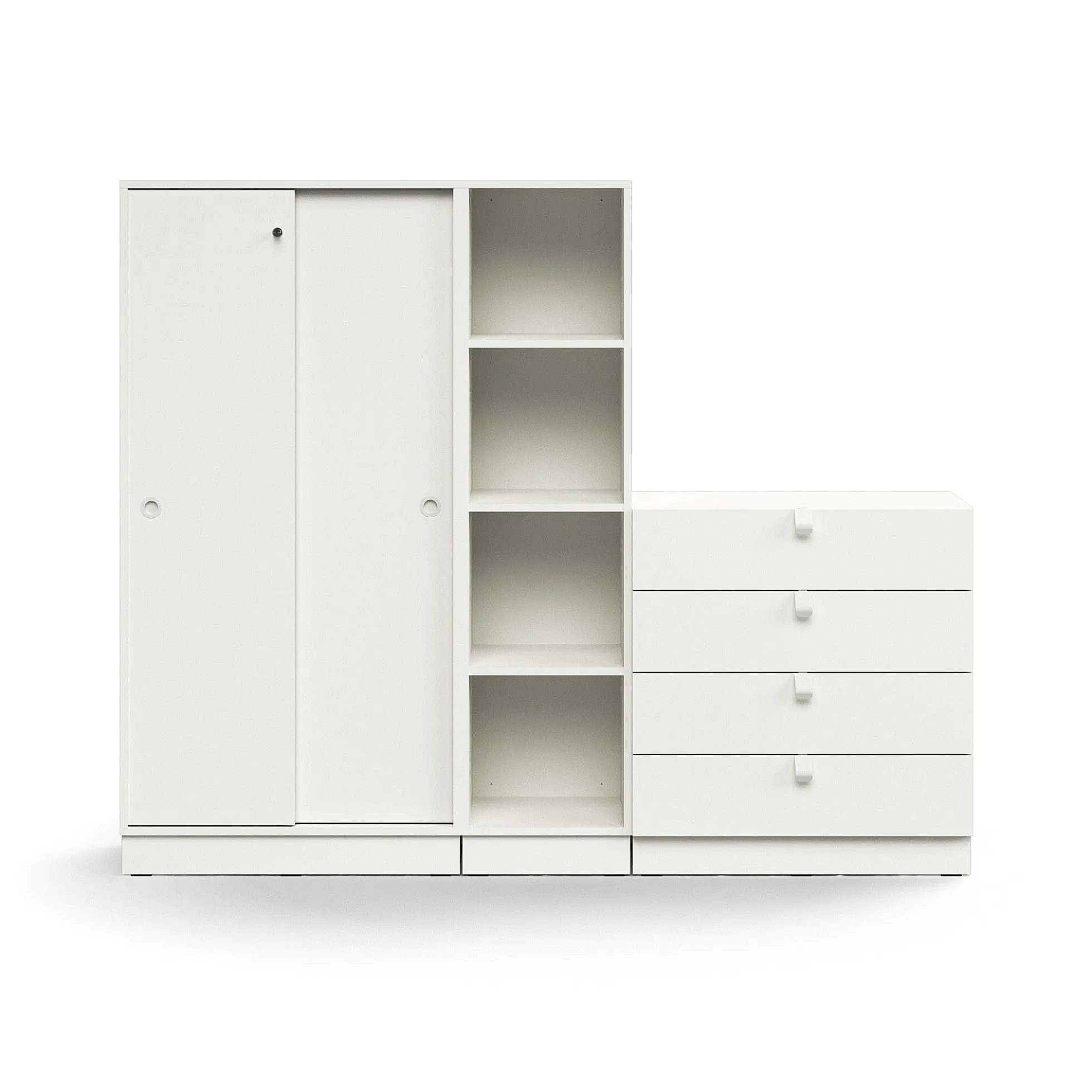 Säilytysratkaisu QBUS Lukollinen kaappi + 4 lokeroa + 4 vetolaatikkoa, sokkeli, kahvat, 1636x2000x420 mm, valkoinen