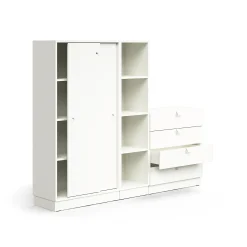 Säilytysratkaisu QBUS Lukollinen kaappi + 4 lokeroa + 4 vetolaatikkoa, sokkeli, kahvat, 1636x2000x420 mm, valkoinen