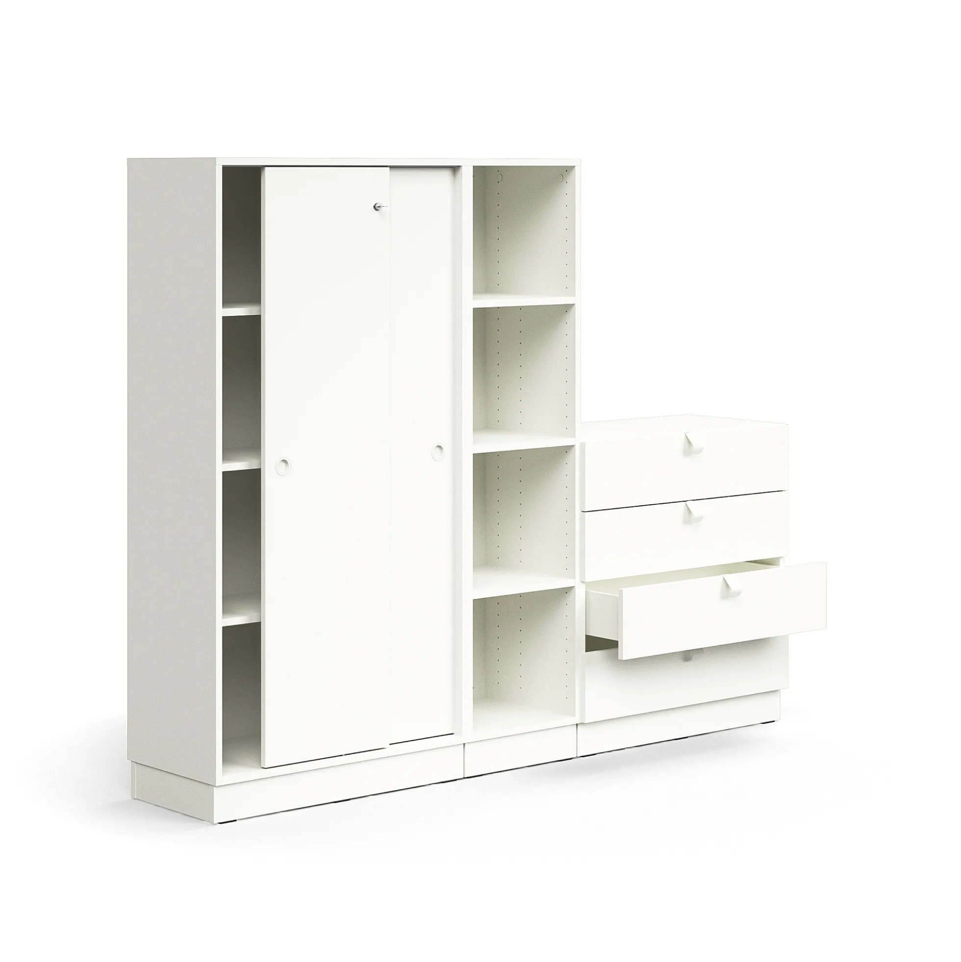 Säilytysratkaisu QBUS Lukollinen kaappi + 4 lokeroa + 4 vetolaatikkoa, sokkeli, kahvat, 1636x2000x420 mm, valkoinen