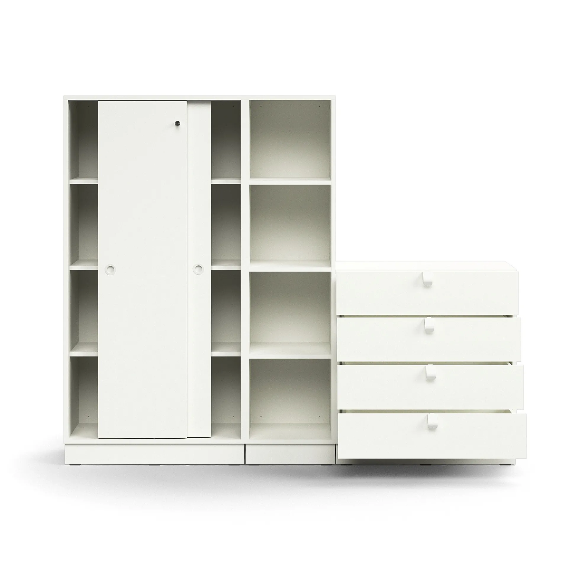 Säilytysratkaisu QBUS Lukollinen kaappi + 4 lokeroa + 4 vetolaatikkoa, sokkeli, kahvat, 1636x2000x420 mm, valkoinen