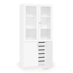 Tarvikekaappi THEO Laatikot ja puolipitkät lasiovet, 1000x470x2100 mm, valkoinen