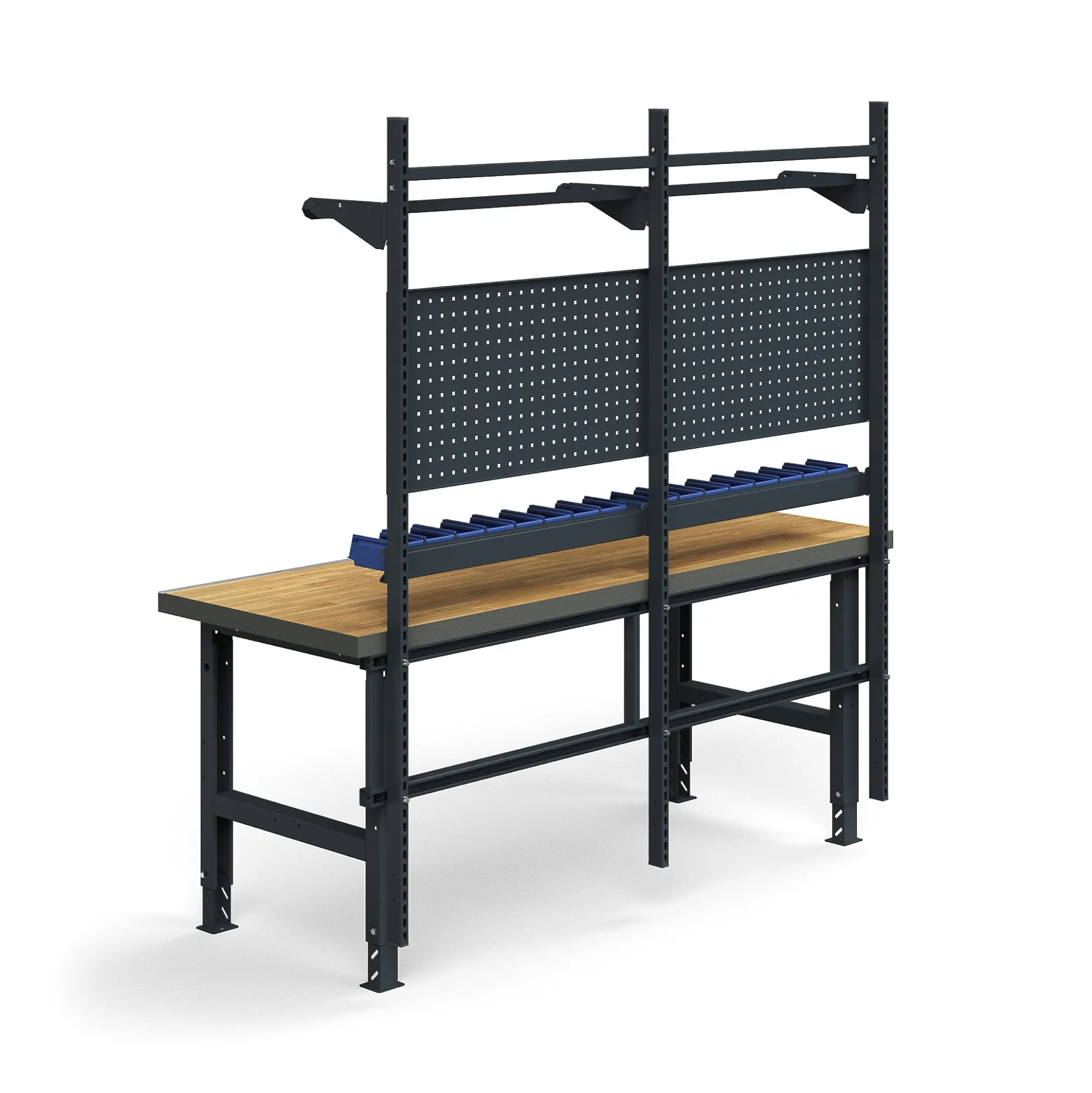 Teollisuuspöytäkokonaisuus TRUST Työkalupaneelit, laatikot + hyllyt, 2000x760 mm, tammiparketti