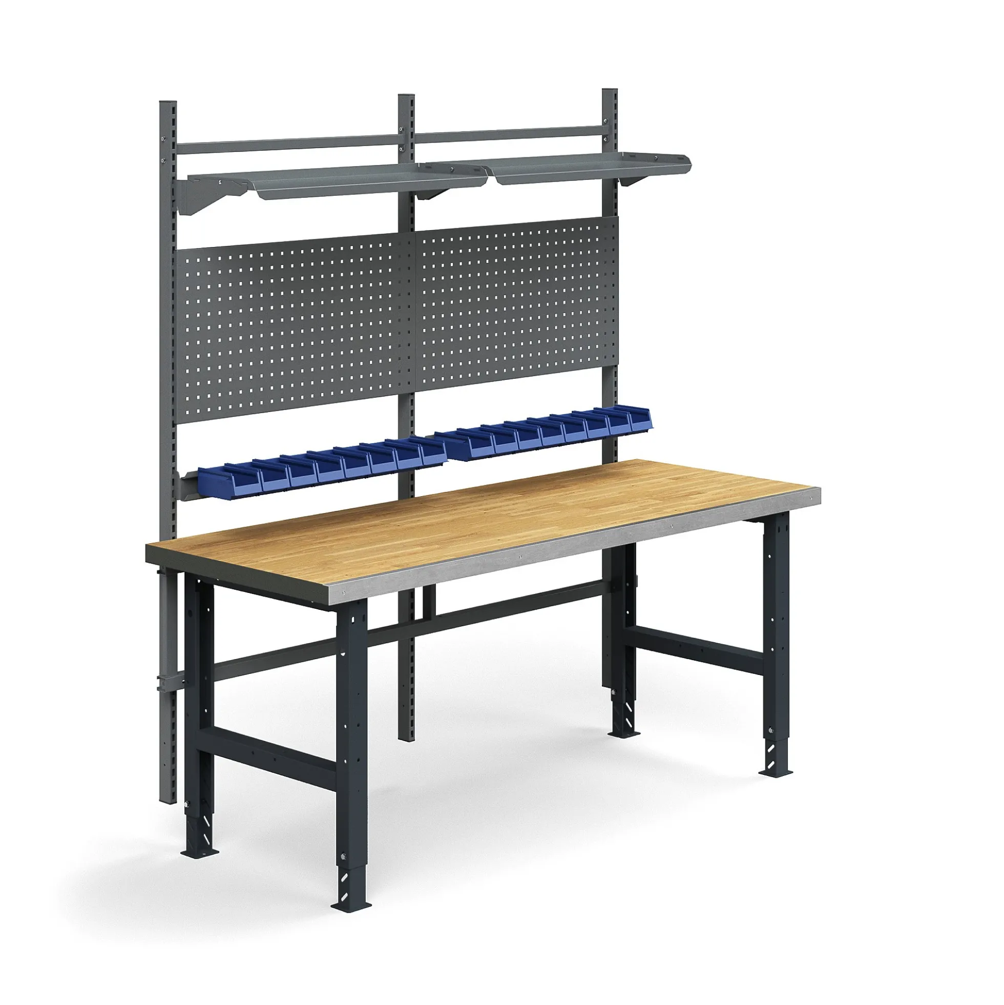 Teollisuuspöytäkokonaisuus TRUST Työkalupaneelit, laatikot + hyllyt, 2000x760 mm, tammiparketti