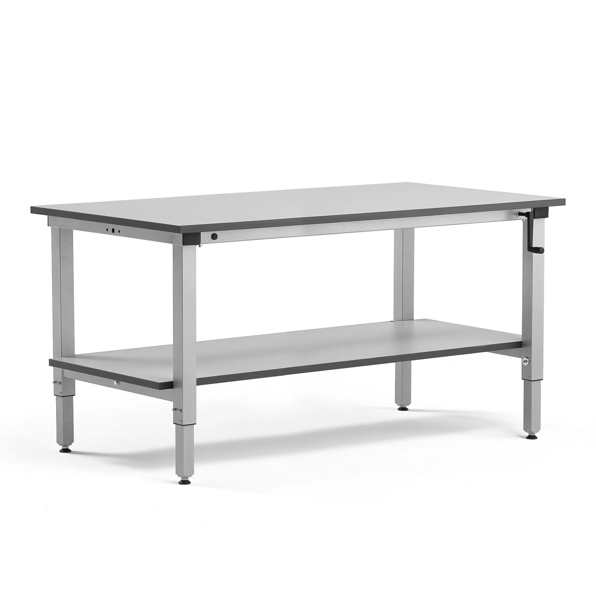 Teollisuuspöytä MOTION Manuaalisesti korkeussäädettävä, 1500x800 mm, alahylly, 150 kg, harmaa