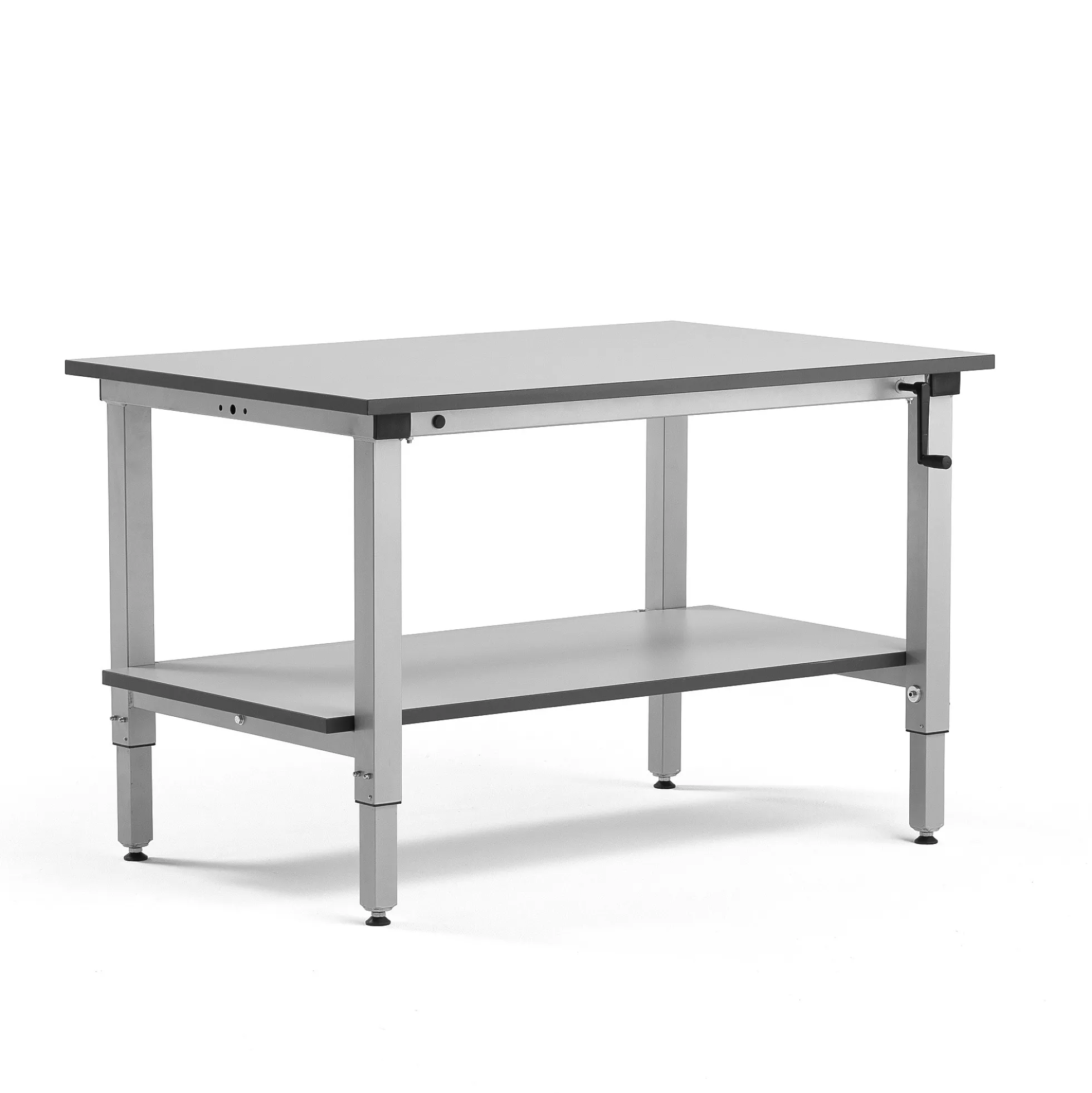 Teollisuuspöytä MOTION Manuaalisesti korkeussäädettävä, 1200x800 mm, alahylly, 150 kg, harmaa