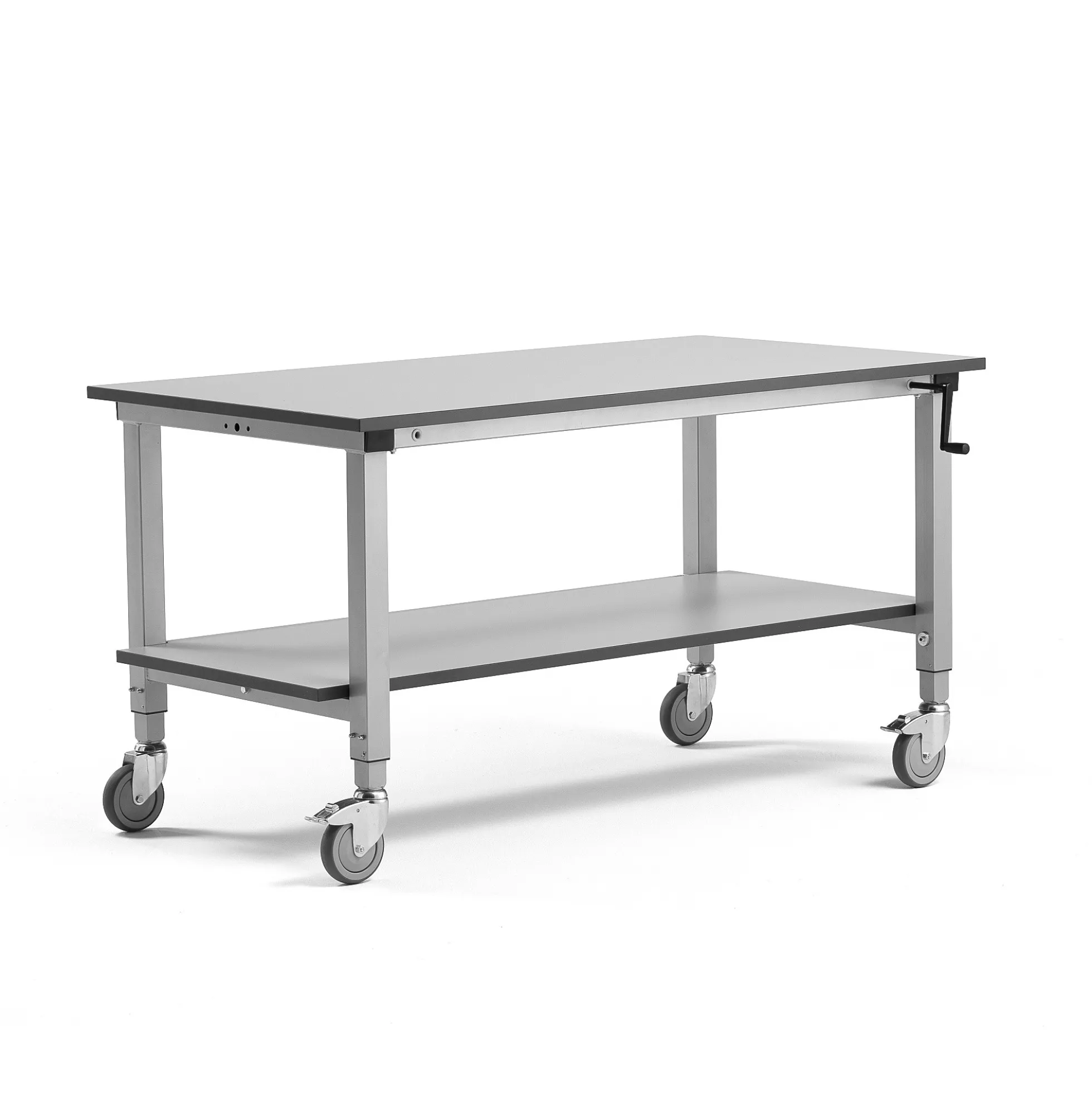 Teollisuuspöytä MOTION Pyörällinen, alahylly, manuaalisesti korkeussäädettävä, 150 kg, 1500x800 mm, harmaa
