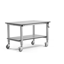 Teollisuuspöytä MOTION Pyörät, manuaalisesti korkeussäädettävä, 1200x800 mm, alahylly, 150 kg, harmaa