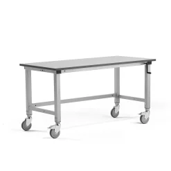 Teollisuuspöytä MOTION Pyörät, manuaalisesti korkeussäädettävä, 1500x600 mm, 150 kg, harmaa