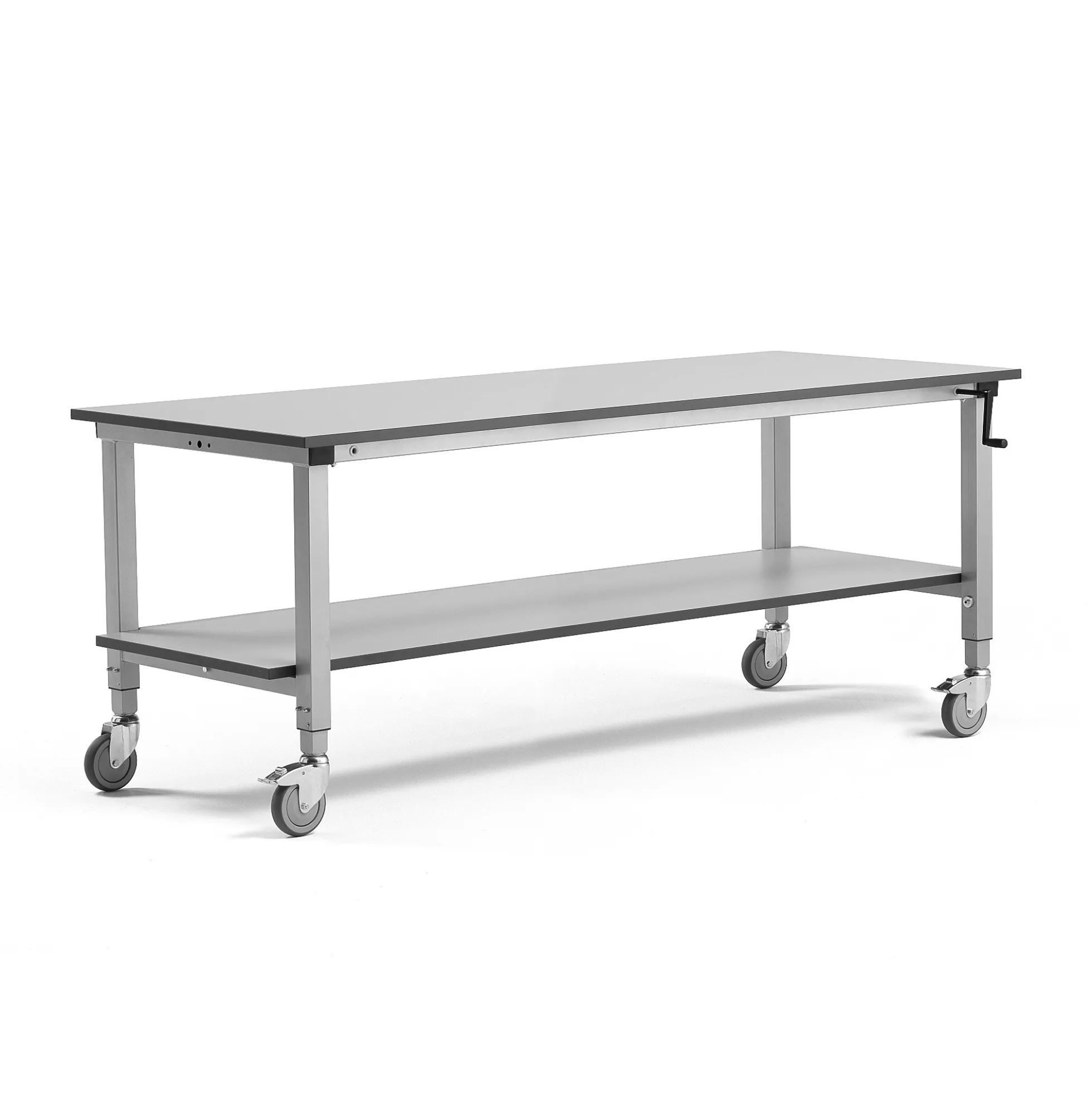 Teollisuuspöytä MOTION Pyörät, manuaalisesti korkeussäädettävä, 2000x800 mm,alahylly, 150 kg, harmaa