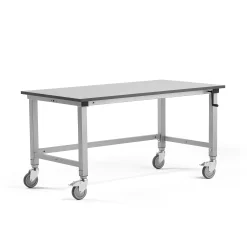 Teollisuuspöytä MOTION Pyörät, manuaalisesti korkeussäädettävä, 1500x800 mm, 150 kg, harmaa