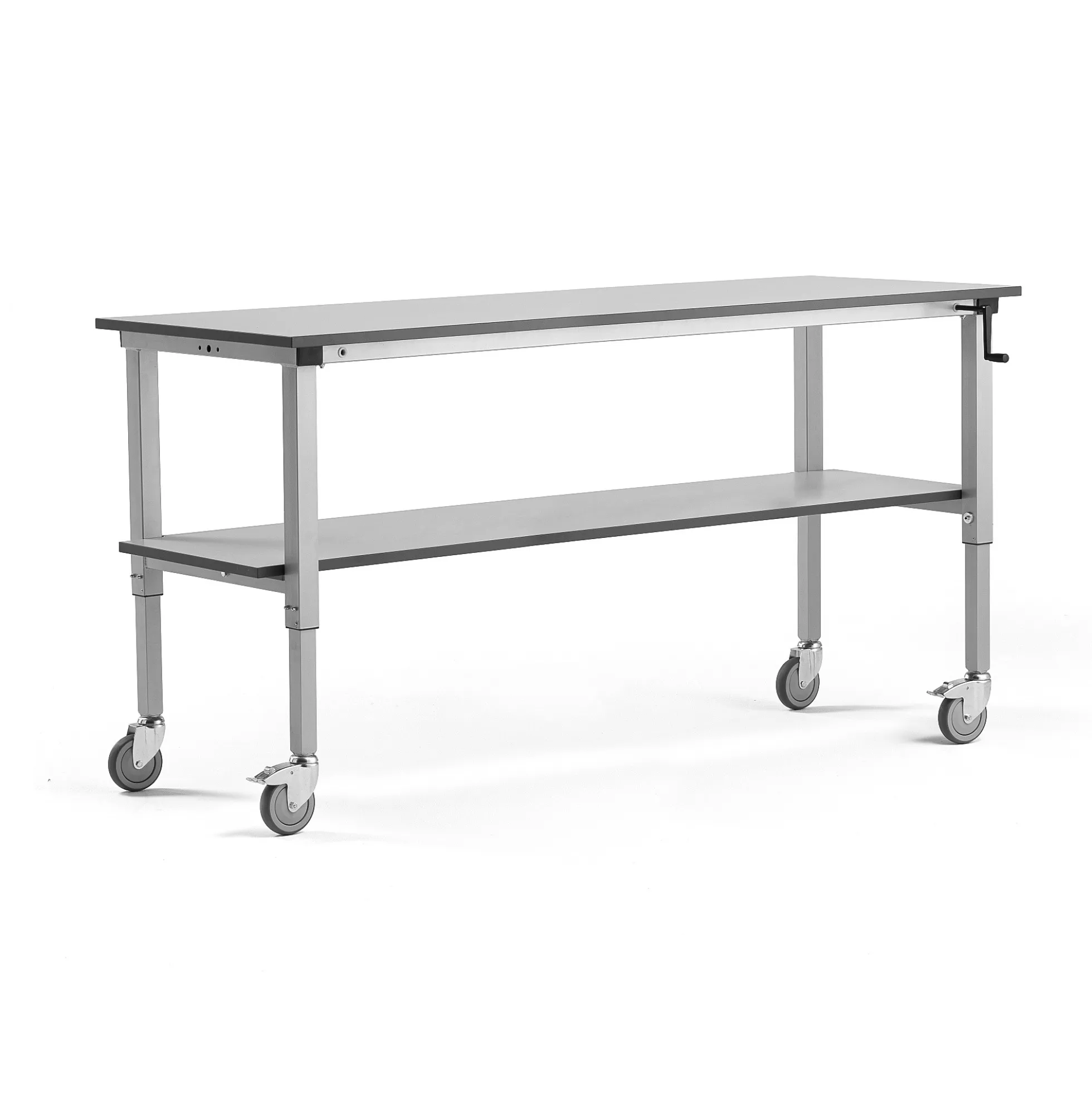 Teollisuuspöytä MOTION Pyörät, manuaalisesti korkeussäädettävä, 2000x600 mm, alahylly,150 kg, harmaa