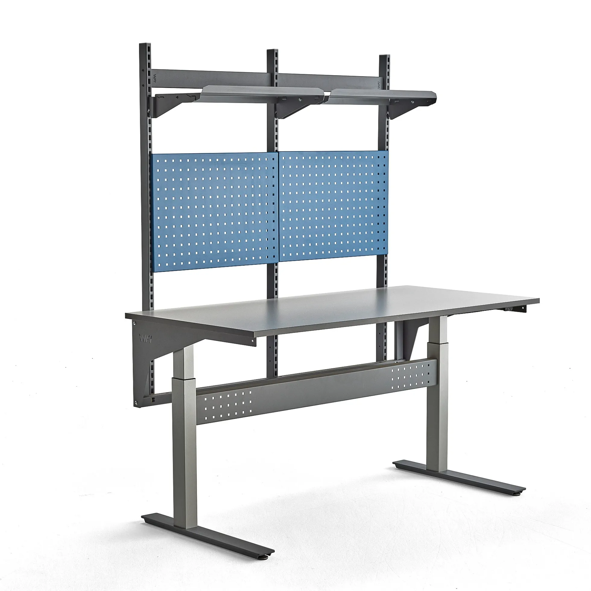 Teollisuuspöytä VERVE Korkeussäädettävä, 200 kg, 1600x800 mm, työkalupaneeli + hyllyt