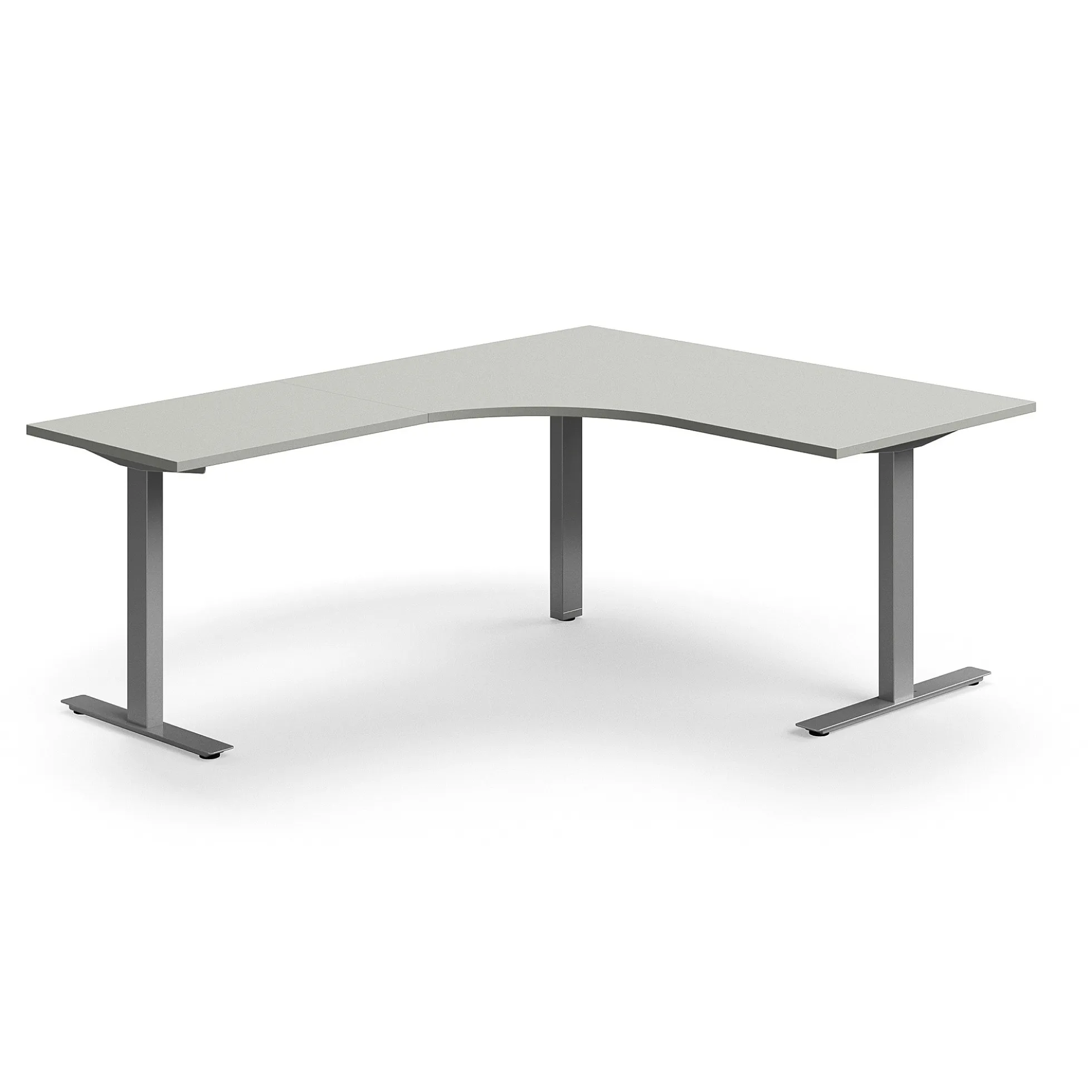 Työpöytä QBUS L-muotoinen, 1600x2000 mm, T-jalusta, hopeanharmaa jalusta, vaaleanharmaa