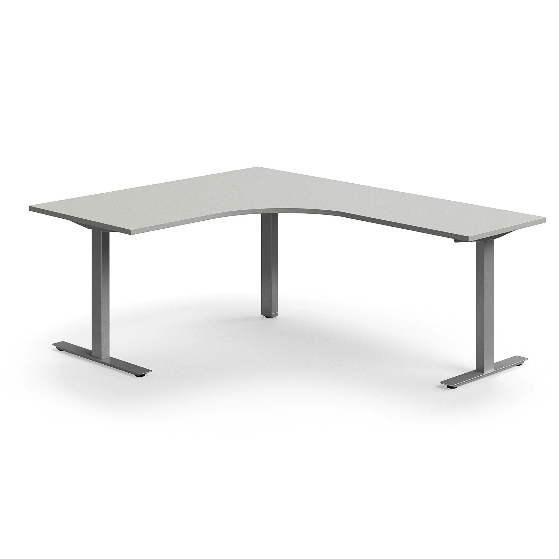 Työpöytä QBUS L-muotoinen, 1600x2000 mm, T-jalusta, hopeanharmaa jalusta, vaaleanharmaa