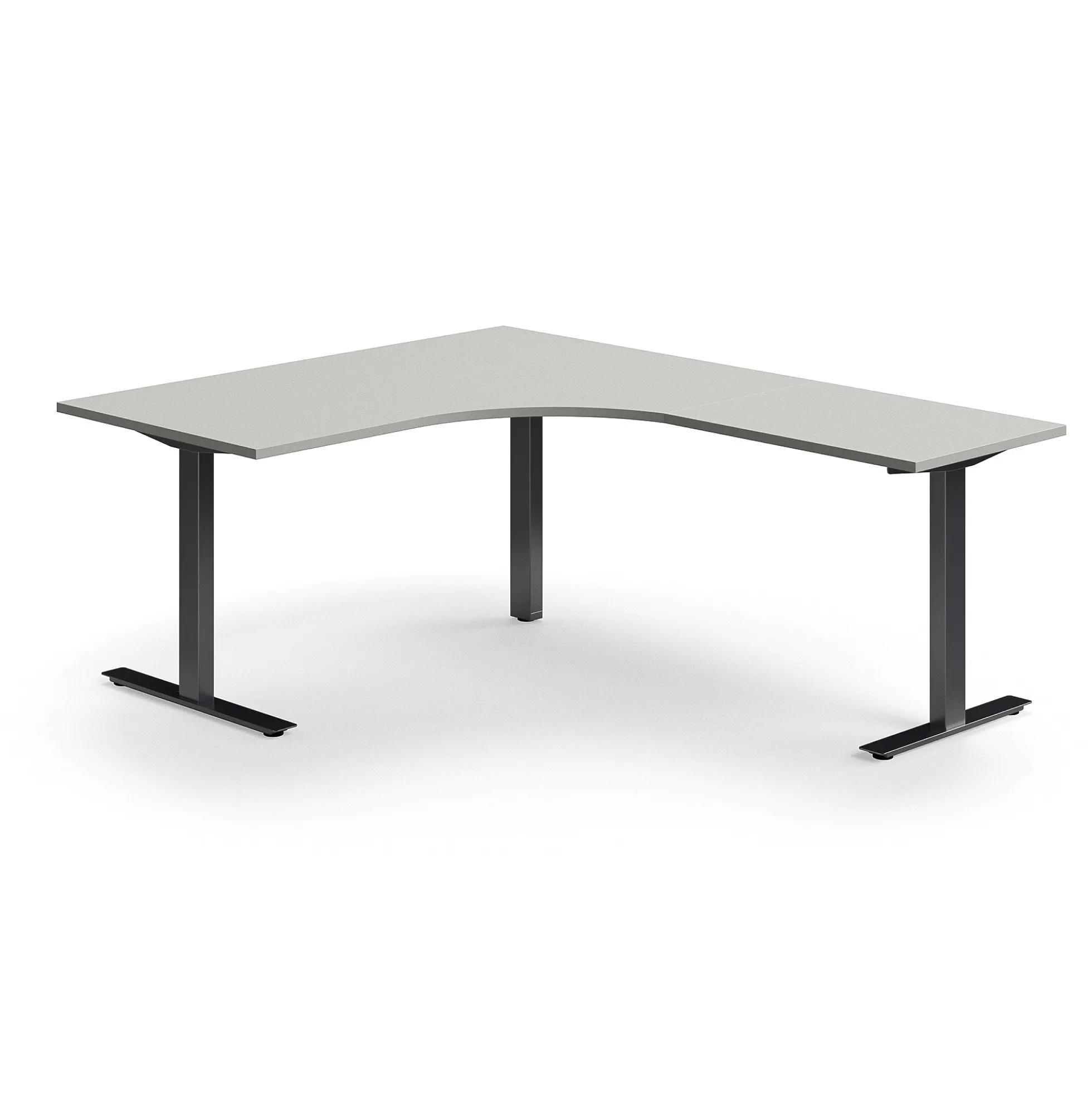 Työpöytä QBUS L-muotoinen, 1600x2000 mm, T-jalusta, musta jalusta, vaaleanharmaa
