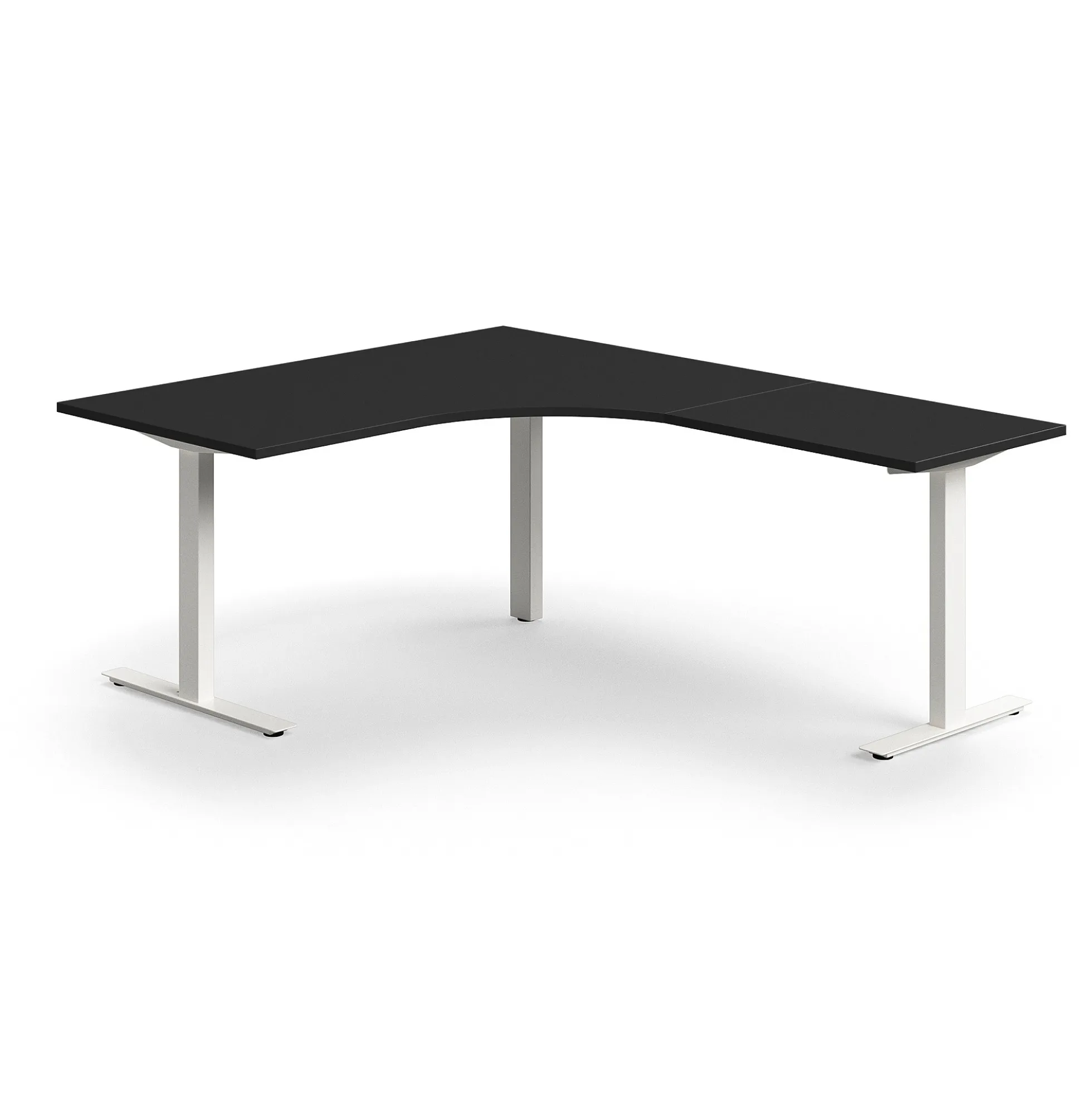 Työpöytä QBUS L-muotoinen, 1600x2000 mm, T-jalusta, valkoinen jalusta, musta